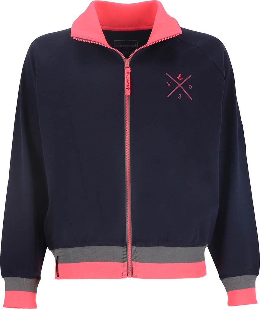 Wattlöper Damen Sweatjacke mit Schriftzug X-Stick "Anker-O-S-W" und Wattlöper - Jacke mit Stehkragen in Dunkelblau-Pink Größe L