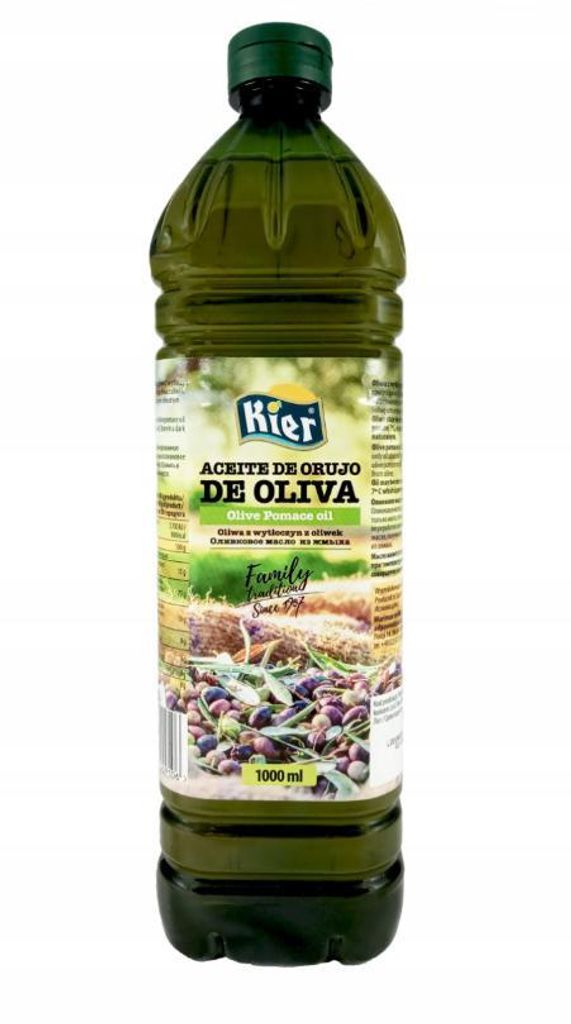 A bottle of olive oil with a label showing olives and text.