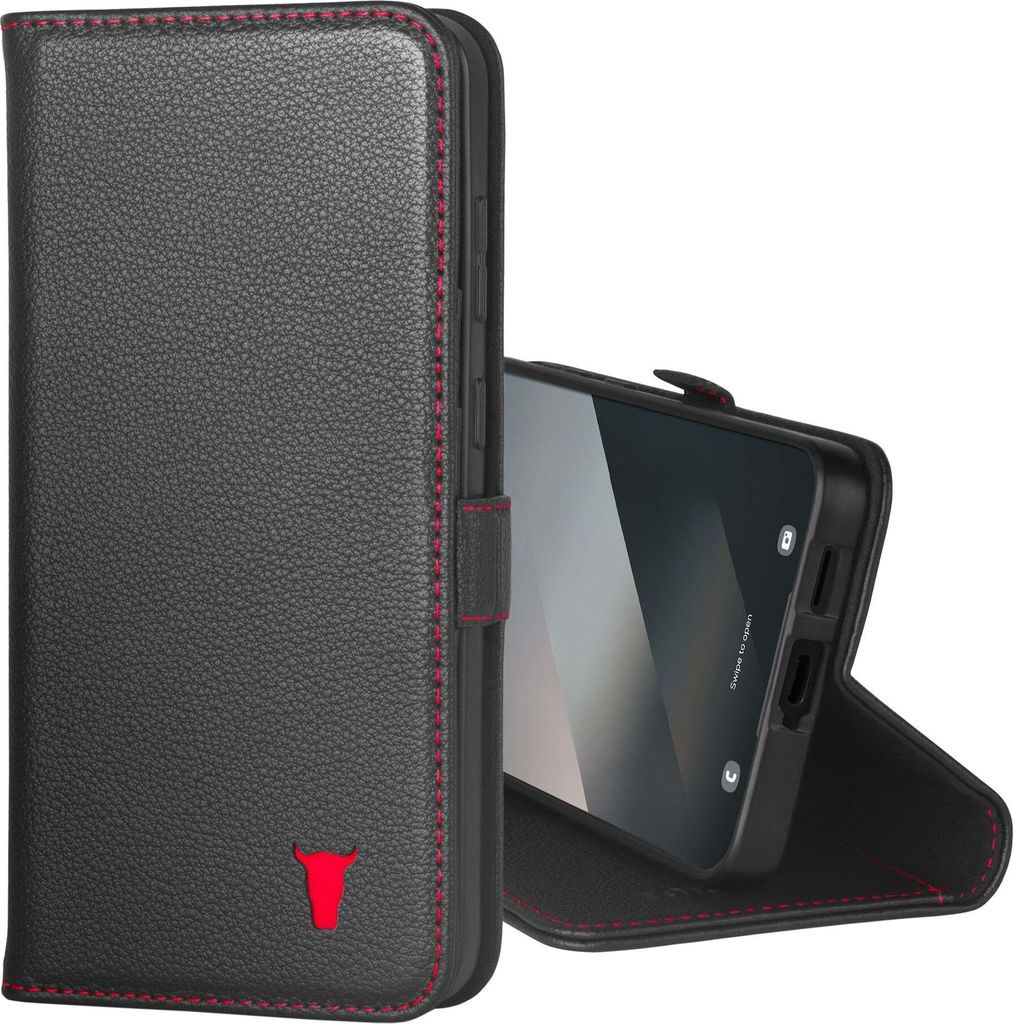 A black leather phone case with red stitching and a red bull logo is shown.