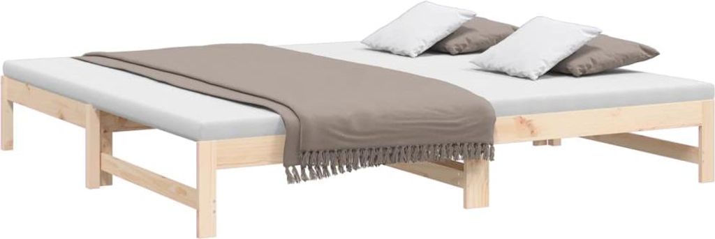 A wooden daybed with mattresses and pillows, laid out on a white background.