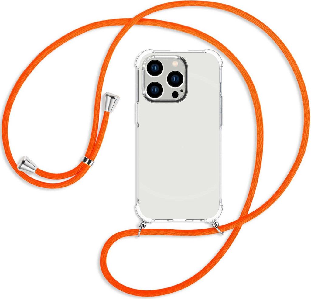 Handykette Backcover-Schutzhülle mit Band (Metall silberfarben) für Apple iPhone 14 Pro (6.1'') - neonorange