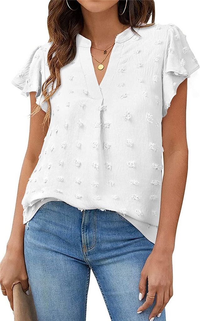 ASKSA Damen Sommer V-Ausschnitt Rüschen Bluse Chiffon Polka Dot Tunika Shirt, Weiß, XXL