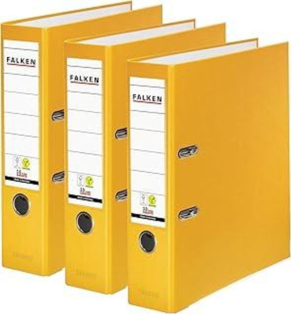 Original Falken 3er Pack PP-Color Ordner. Germany. 8 cm breit DIN A4 Gelb Vegan Kunststoff-Ordner Ringordner Aktenordner Briefordner Büroordner P...