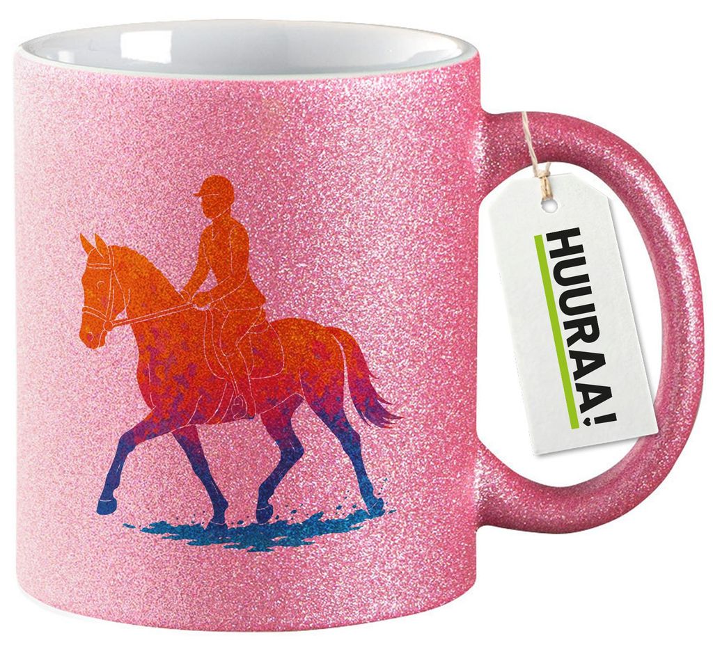 Huuraa Glitzertasse Reiten bunte Silhouette 330ml Pink Keramik Kaffeebecher Geschenkidee