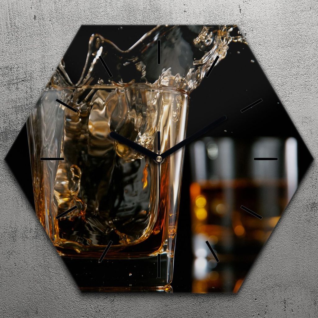 Uhr hexagonal 40 cm Glas Geräuschlos schwarze Zeiger - Whisky Glas