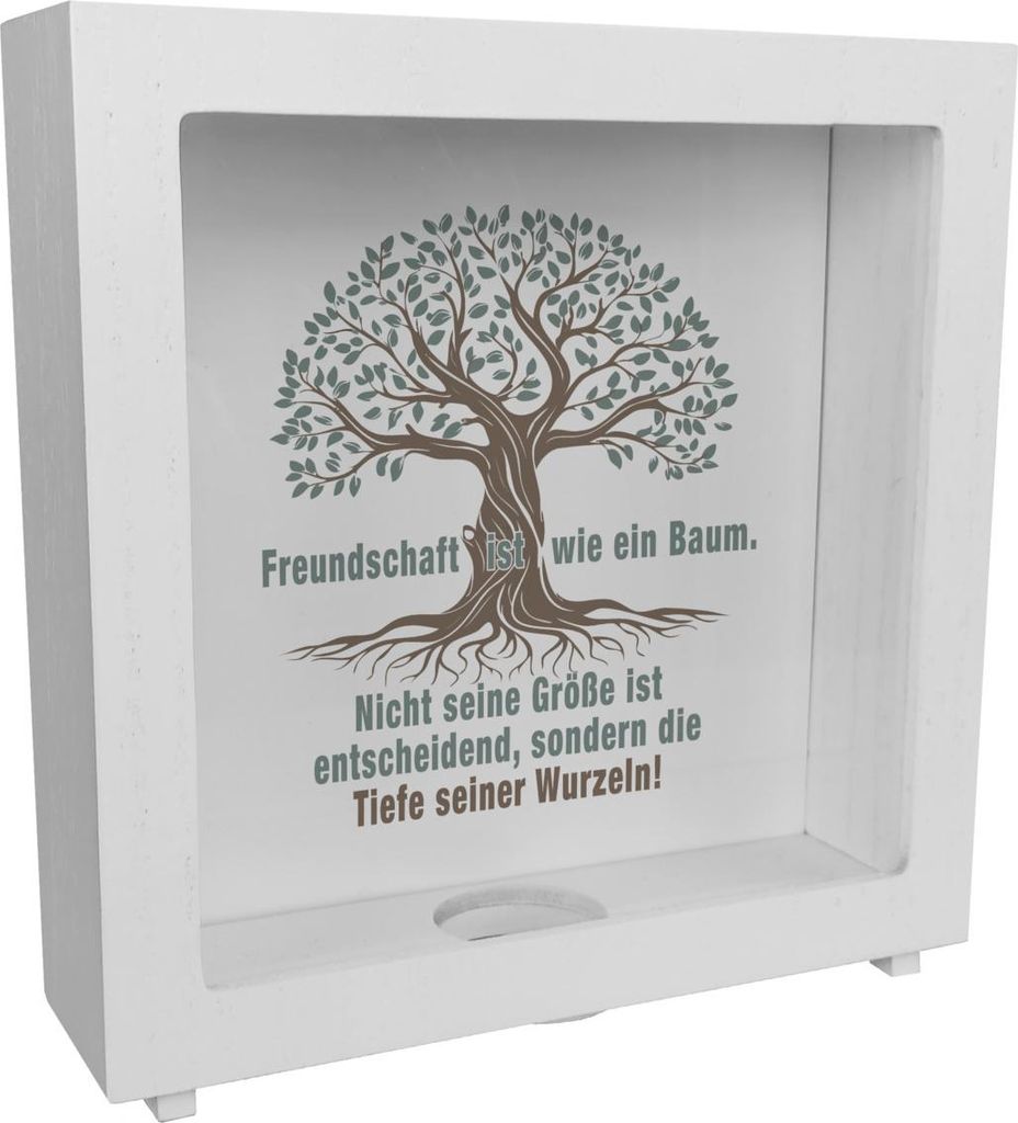 Baum mit Wurzeln Rahmen Spardose aus Holz mit Spruch: Freundschaft wächst durch