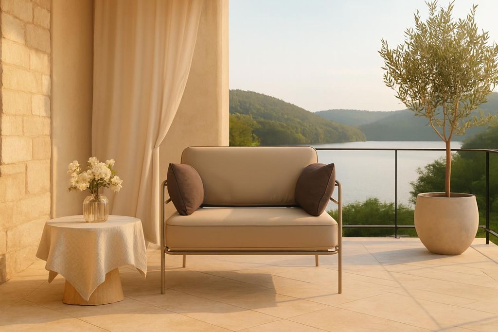 Gartenstuhl Teneryfa 1,5‐Sitzer auf beigem Metallgestell mit wetterfesten Kissen – Outdoor‐Loungesessel