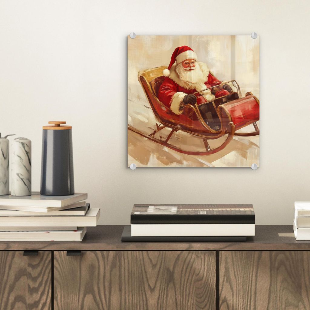 MuchoWow Glasbilder - Bilder auf Wandbild - Foto auf Glas Weihnachten - Schlitten - Weihnachtsmann 40x40 cm Wanddekoration aus Glas - Acrylglasbild...