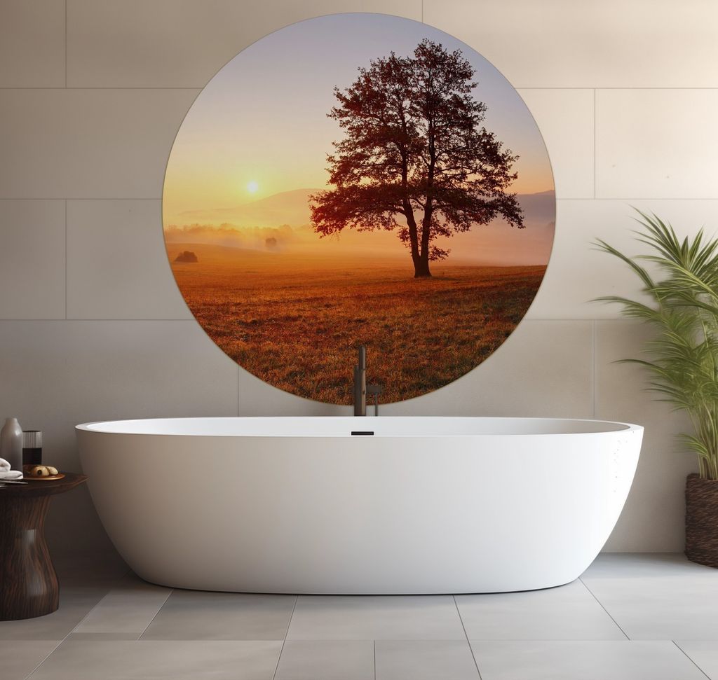 Wallario wasserfestes Poster selbstklebend 120 x 120 cm, Sonnenaufgang über der Wiese mit Nebel, Badezimmerposter Spritzschutz mit Hochglanzoberfl...