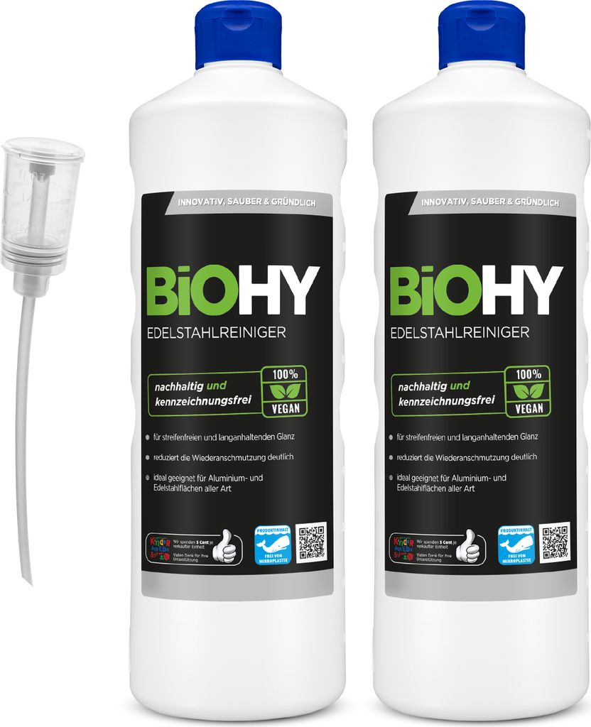 BiOHY Edelstahlreiniger (2x1l Flasche) + Dosierer | Produktbild 