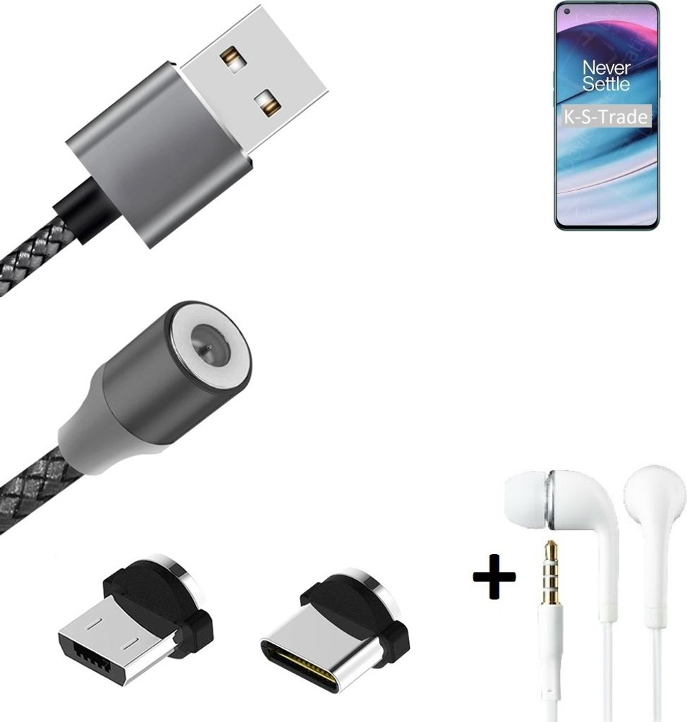 K-S-Trade Hochwertiges Magnet-Lade-kabel Sync-Kabel Daten-Kabel + Kopfhörer kompatibel mit OnePlus Nord N20 5G mit USB-Typ-C-Anschluss und