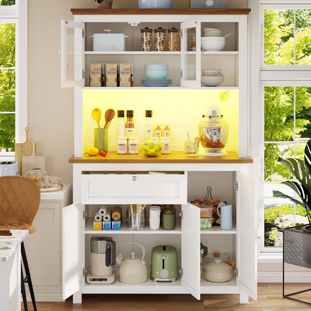 okwish Küchenschrank Aufbewahrungsschrank mit großer Kapazität,mit Hochschrank mit Verstellbaren Ablagen,Küchenbuffet mit Variable LED-Beleucht...