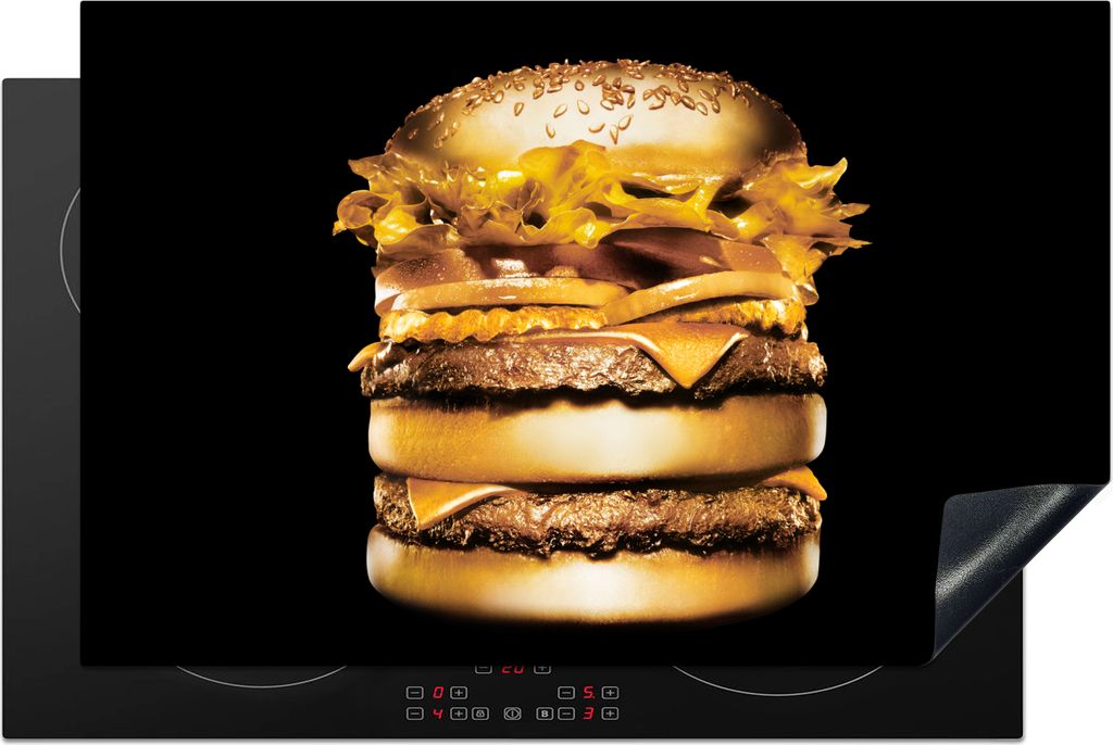 KitchenYeah Herdabdeckplatte Goldener Hamburger auf schwarzem Hintergrund. , 80x52cm, Küche Deko, Glaskeramikfeld Herdabdeckung, Abdeckplatte f...