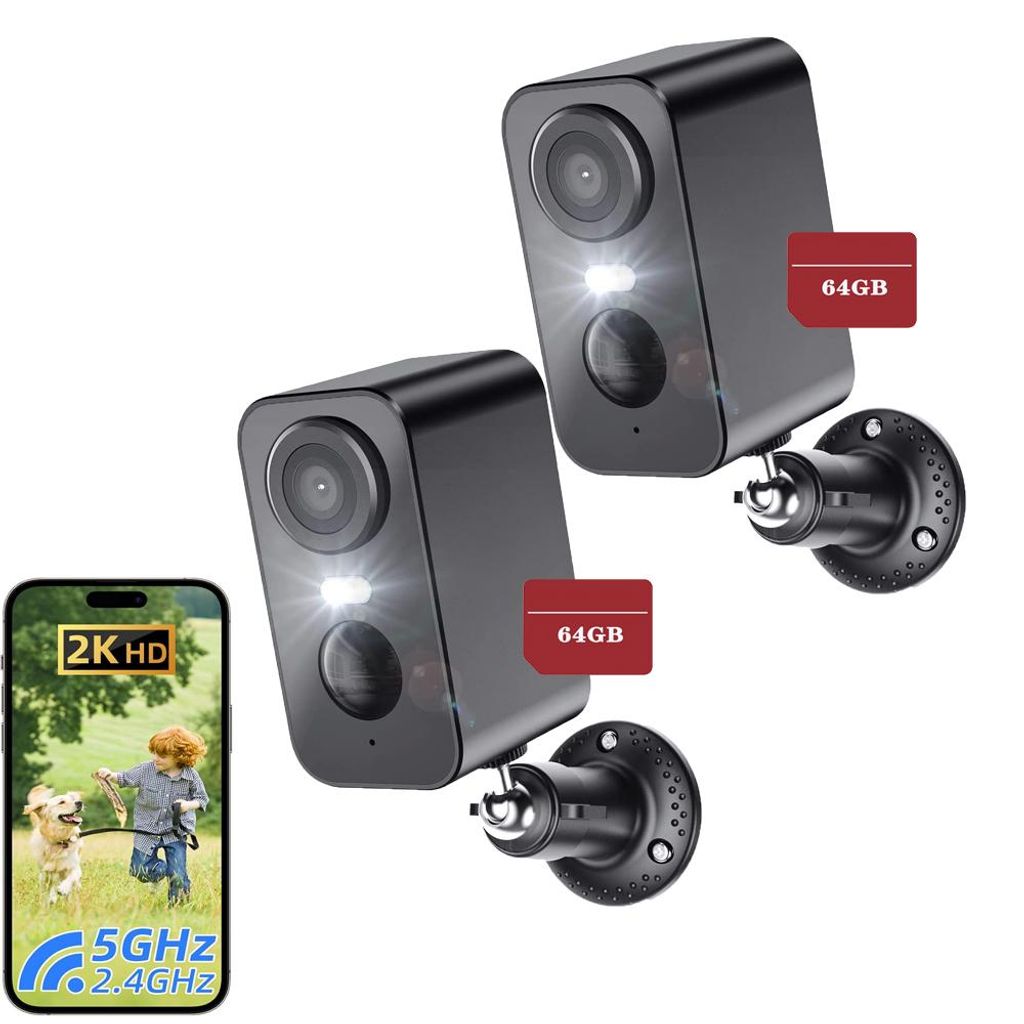 2 Stück 3MP WLAN ÜBERWACHUNGSKAMERA AKKU FUNK IP NETZWERK HD AUßEN BEWEGUNGSMELDER 64GB TF Karte