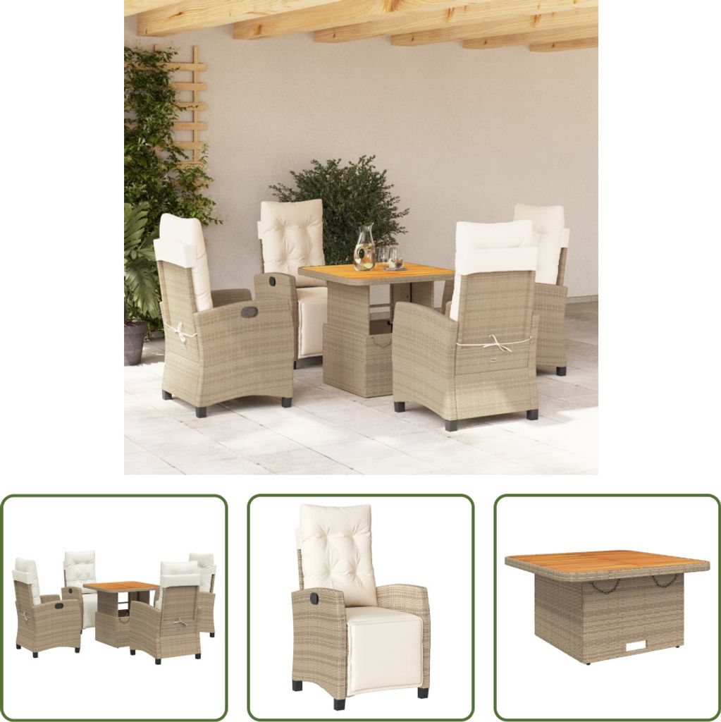 The Living Store 5-tlg. Garten-Essgruppe mit Kissen Beige Poly Rattan