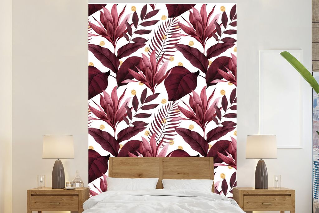 MuchoWow Fototapete für Wohnzimmer oder Schlafzimmer Wandtapete Vinyl Motivtapete Tropisch - Blätter - Lila - 200x300 cm - Wanddekorationen