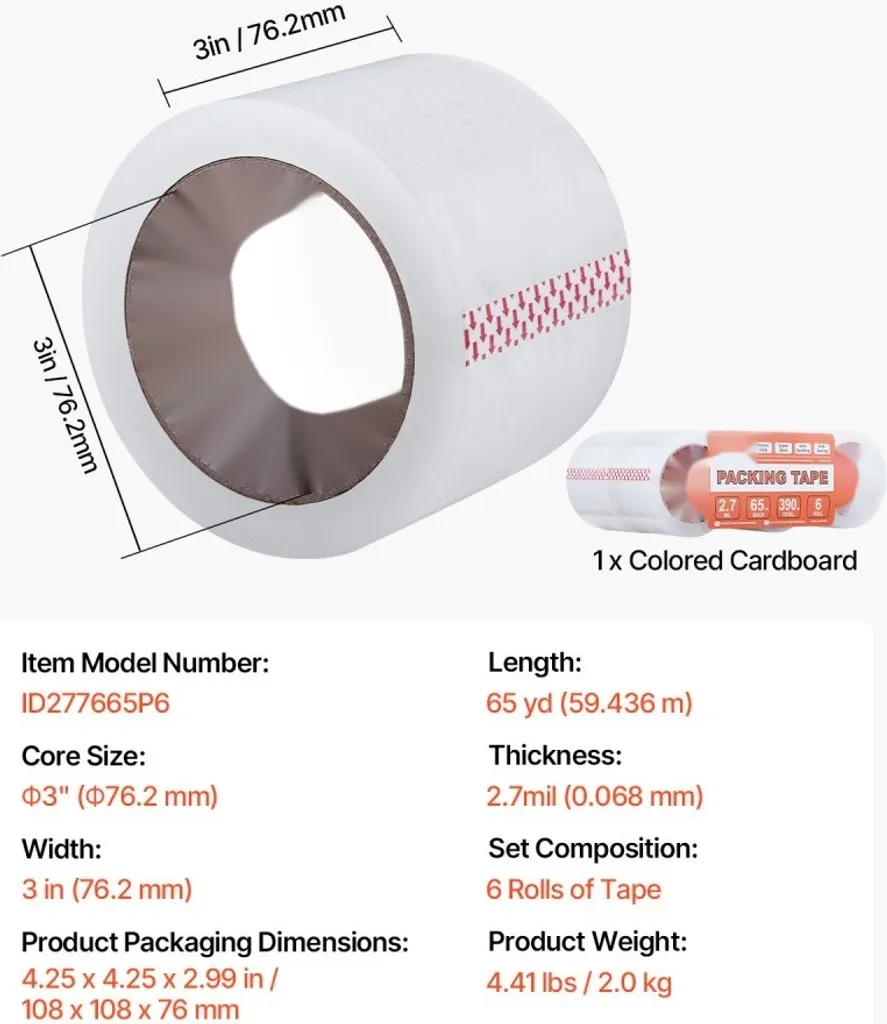 Pack de 6 rubans d'emballage transparents 76,2mm x 60m adhésif fort
