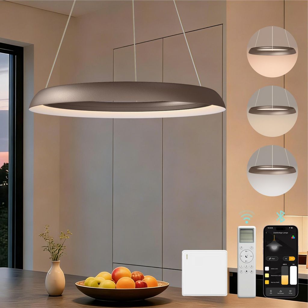 Mai & Mai Pendelleuchte Esstisch, 60cm LED Hängelampe, stufenlos dimmbar höhenverstellbare 30W Esstischlampe mit Fernbedienung Kaffee Luvina04