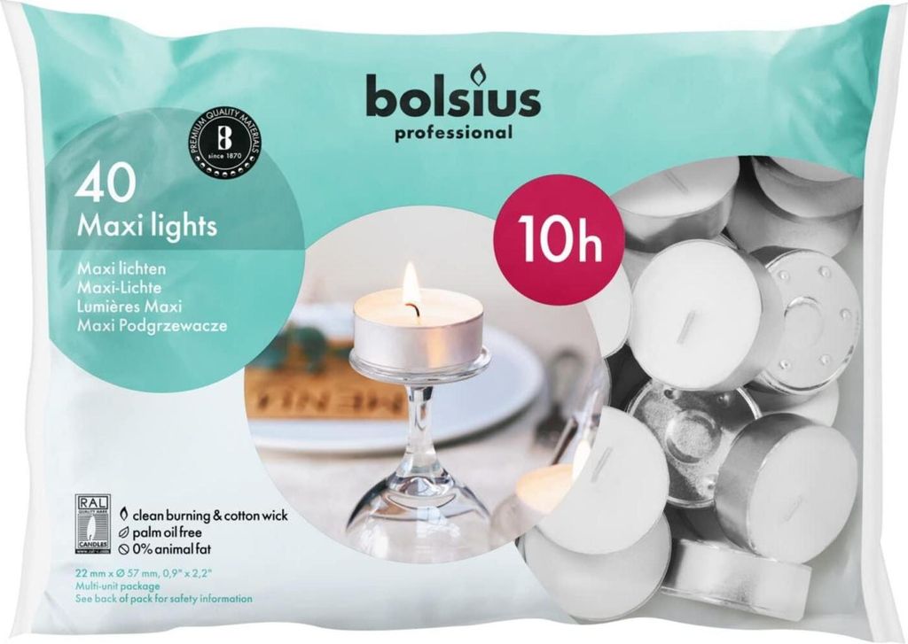 Bolsius Horeca Maxi-Teelichter 10u zak 40 Wit Produktbild 