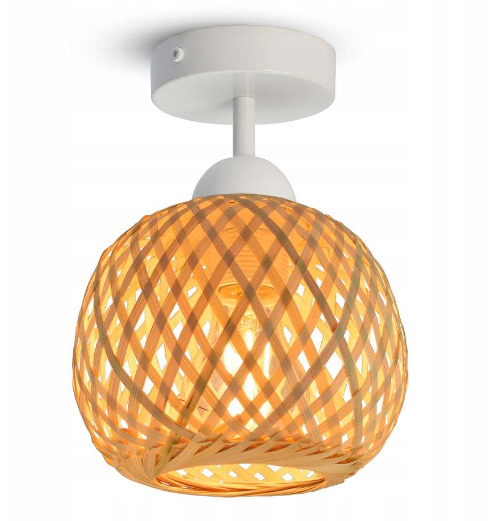 A single ceiling light fixture with a woven bamboo shade.