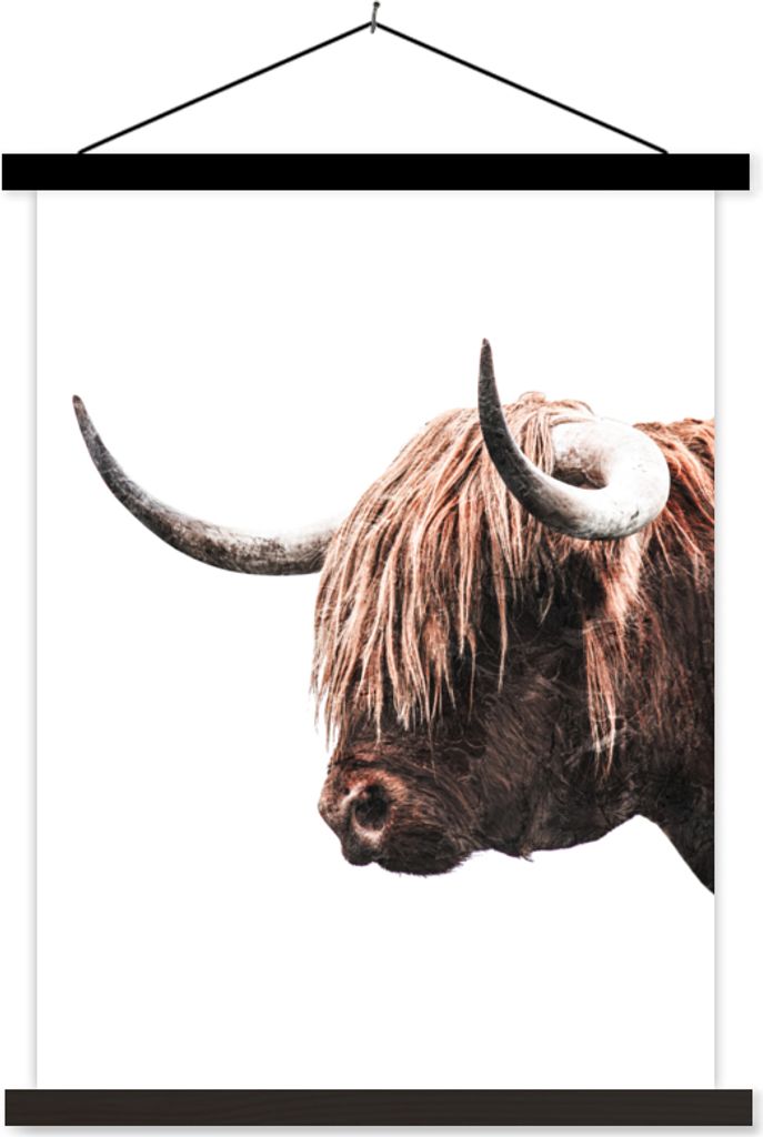 MuchoWow Textilposter Schottisches Hochlandrind - Horn - Weiß 90x120 cm mit schwarzem Rahmen - Dekoration