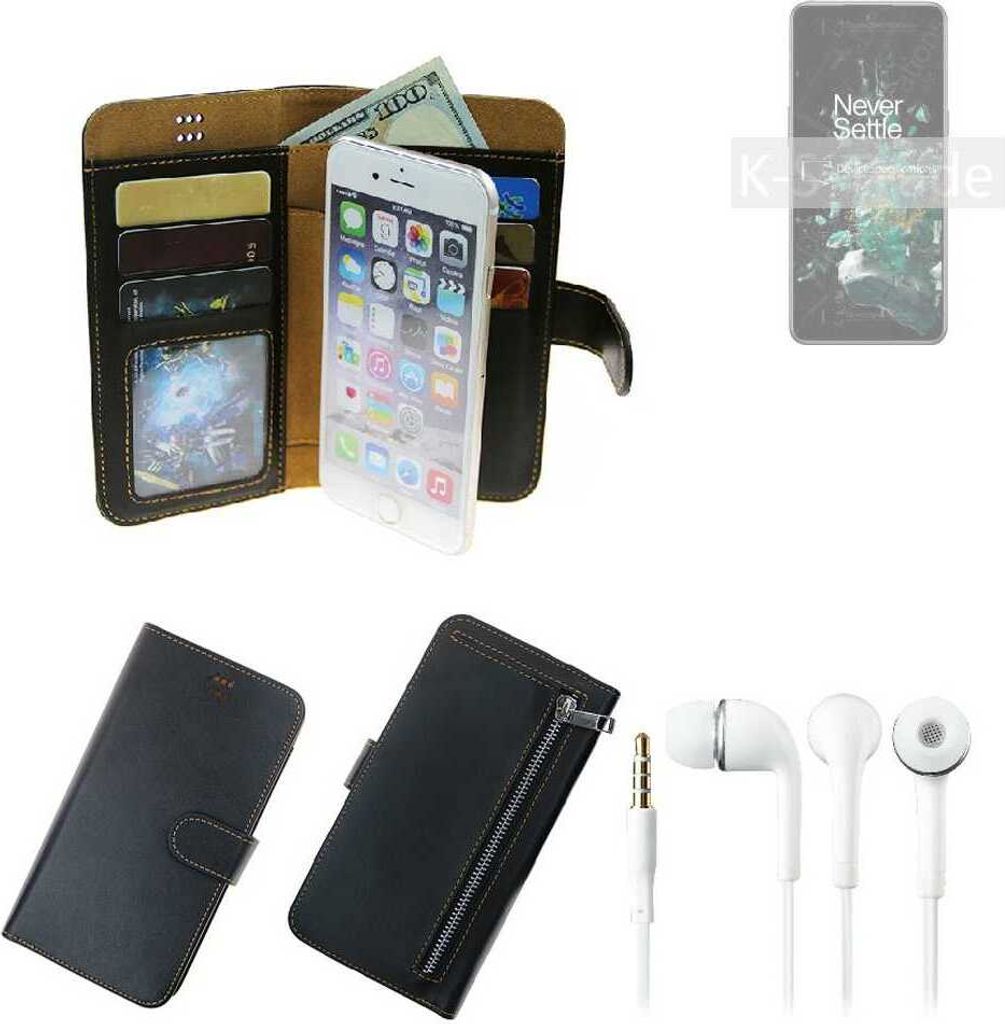 TOP SET Handy Hülle Schutz Hülle kompatibel mit OnePlus Ace Pro schwarz aus Kunstleder + Kopfhörer Smartphone Tasche vollwertige Geldbörse