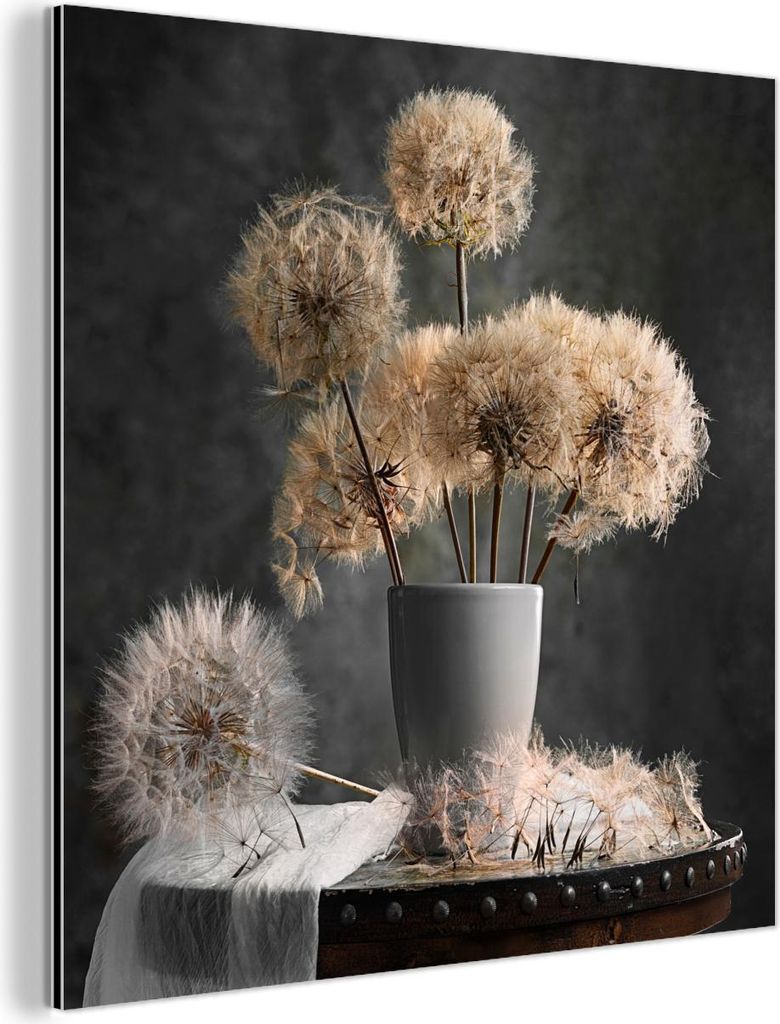 MuchoWow Wanddekoration Metall Metallbild Wandkunst 90x90 cm Blumensamen - Löwenzahn - Vase - Stilleben - Blumenstrauß MuchoWow Aluminium Gemäld...