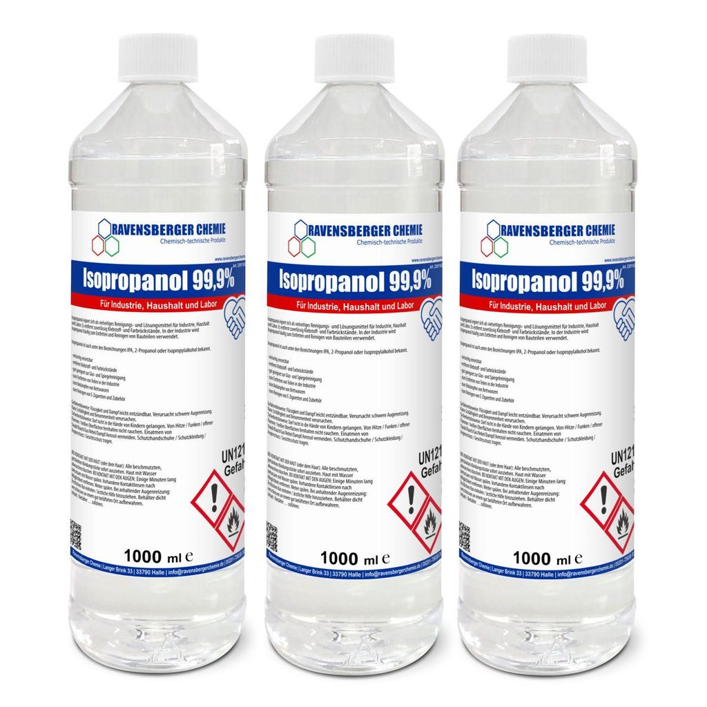 Ravensberger Chemie Isopropanol 99,9 % – hochreiner Alkohol zum Reinigen & Entfetten, rückstandsfrei, für Technik, Werkstatt & Industrie - 3x 1...