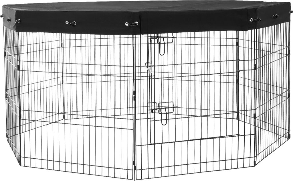 A black metal dog playpen with a black fabric cover on top, shown from the front in an isolated studio setting.