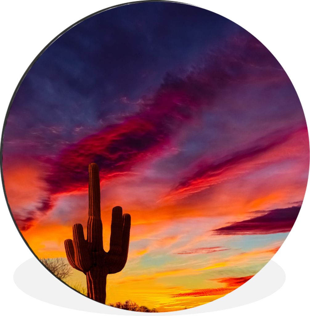 MuchoWow Aluminium Wandkreis Kaktus - Himmel - Sonnenuntergang - Lila - Rosa Ø 90 cm Wanddeko Modern Wohnzimmer - Mauerkreis - Wandbilder - Rund...