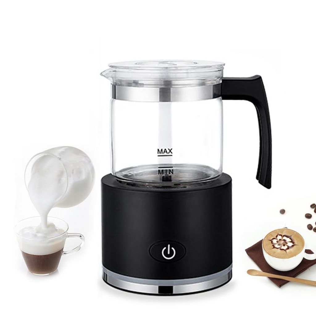 Elektrischer Milchaufschäumer, 4-in-1, 600 W, 500 ml, abnehmbarer Glasaufsatz, für heiße/kalte Milch, Latte-Design, spülmaschinenfest, Weiß.