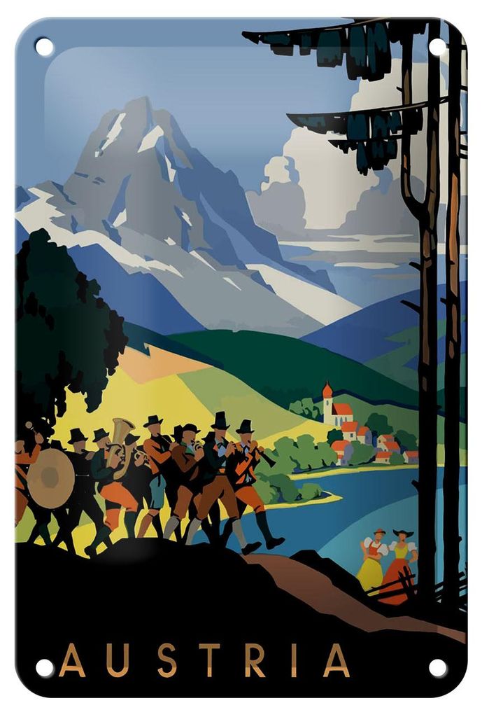Blechschild Reise 12x18 cm Österreich Austria Berge Blasmusiker Deko Schild