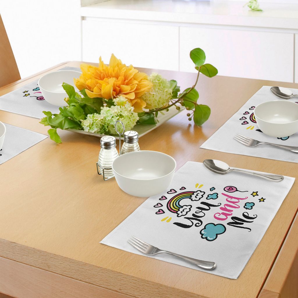 ABAKUHAUS Inspirierend Platzmatten, Sie und ich zitieren mit Regenbogen-Wolken und Herzen Liebes-Romance Doodle Print, Tiscjdeco aus Farbfesten Sto...