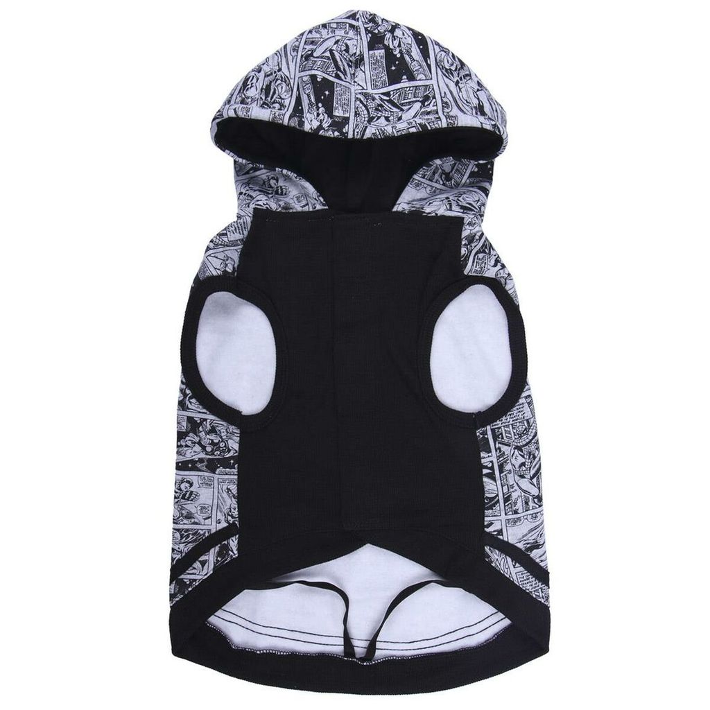 The back view of a dog hoodie with a comic book pattern.