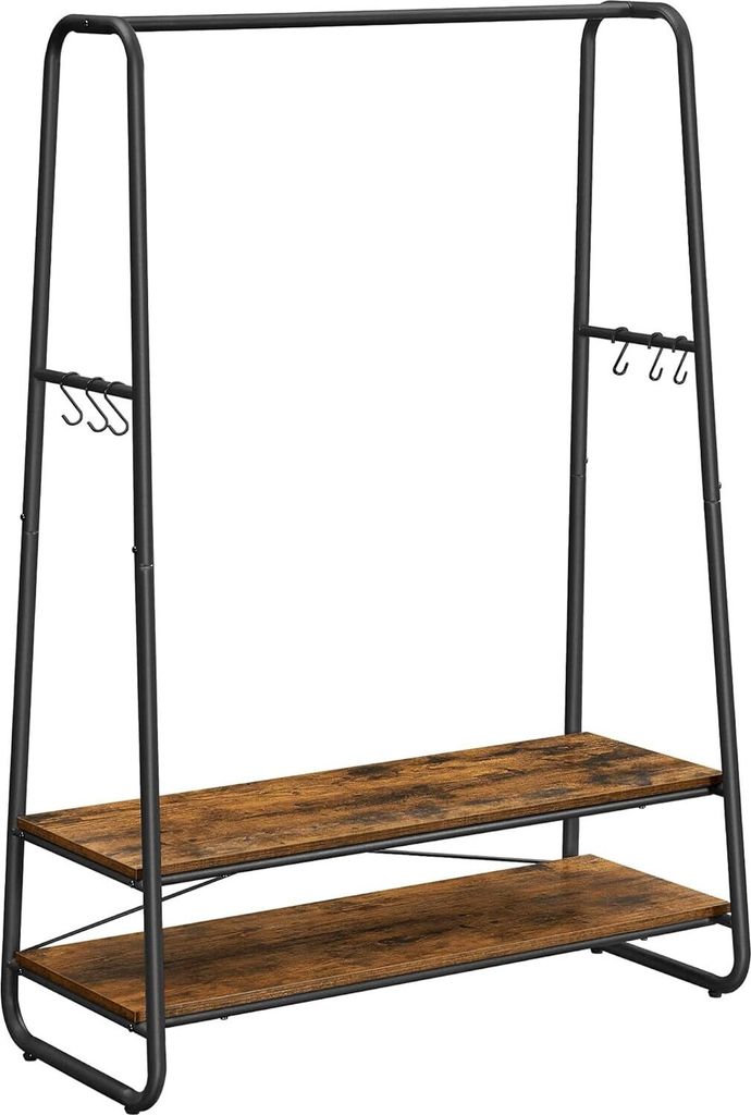 VASAGLE Kleiderständer Heavy Duty Kleiderbügel mit 2 Ablagen, 6 S-Haken und Stahlrahmen für Schlafzimmer, Industrie, rustikal braun und schwarz