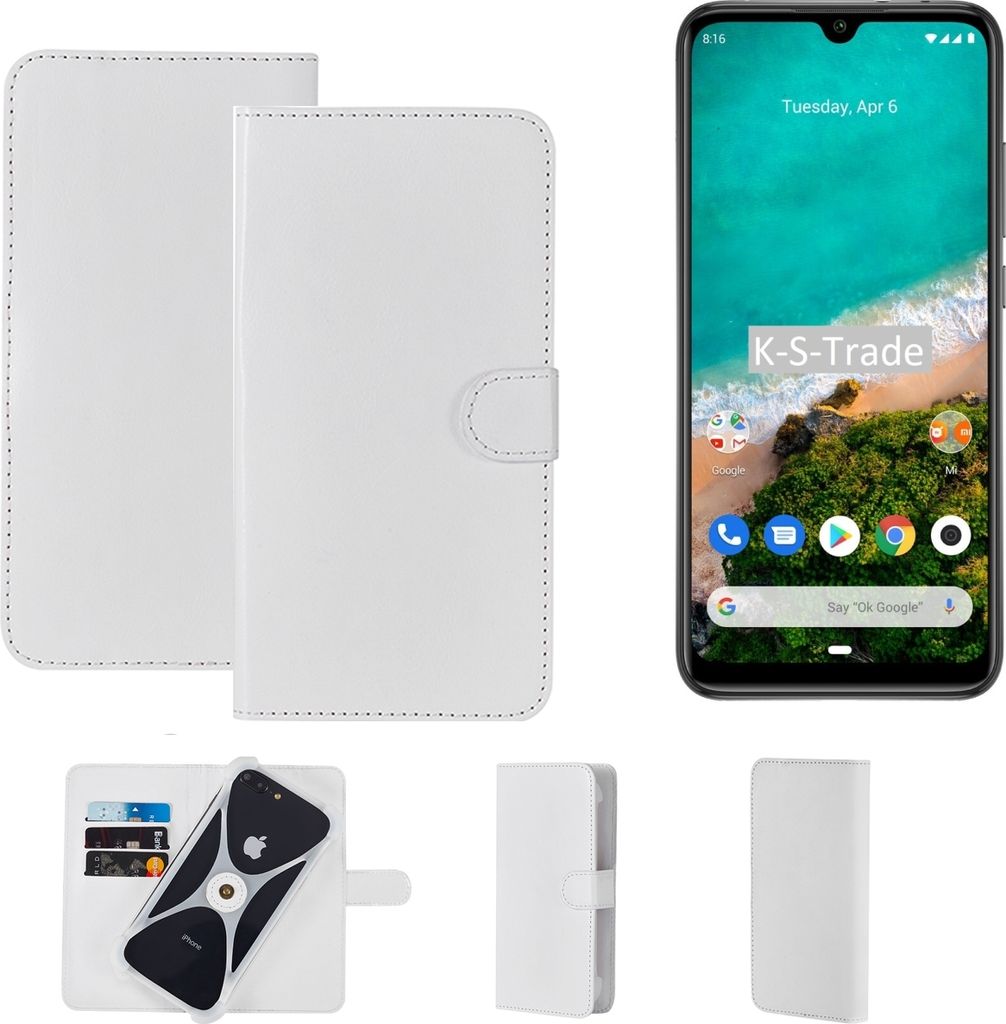 K-S-Trade Handy Hülle Schutz Hülle kompatibel mit Xiaomi Mi A3 Cover Case Bookstyle Bumper weiß 1x