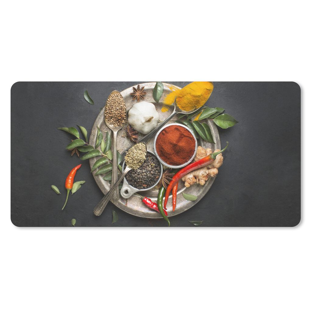 MuchoWow Mauspad Mousepad Gewürze - Teller - Pfeffer - Schwarz - Löffel - Silber 60x30 cm - Mousepads - Maus Mat - Pad - Mausunterlage - Nachha...