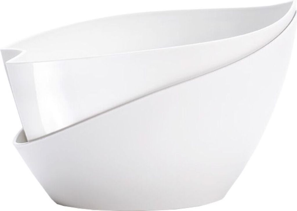 Two white planters are nested together, with the top one slightly offset.