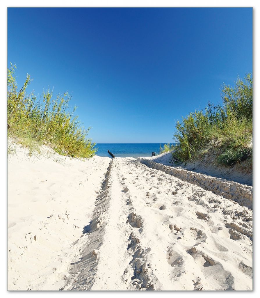 Wallario Herdabdeckplatte aus Glas, Größe 52 x 60 cm 1-teilig, Motiv Auf dem Sandweg zum Strand - Blauer Himmel über dem Meer