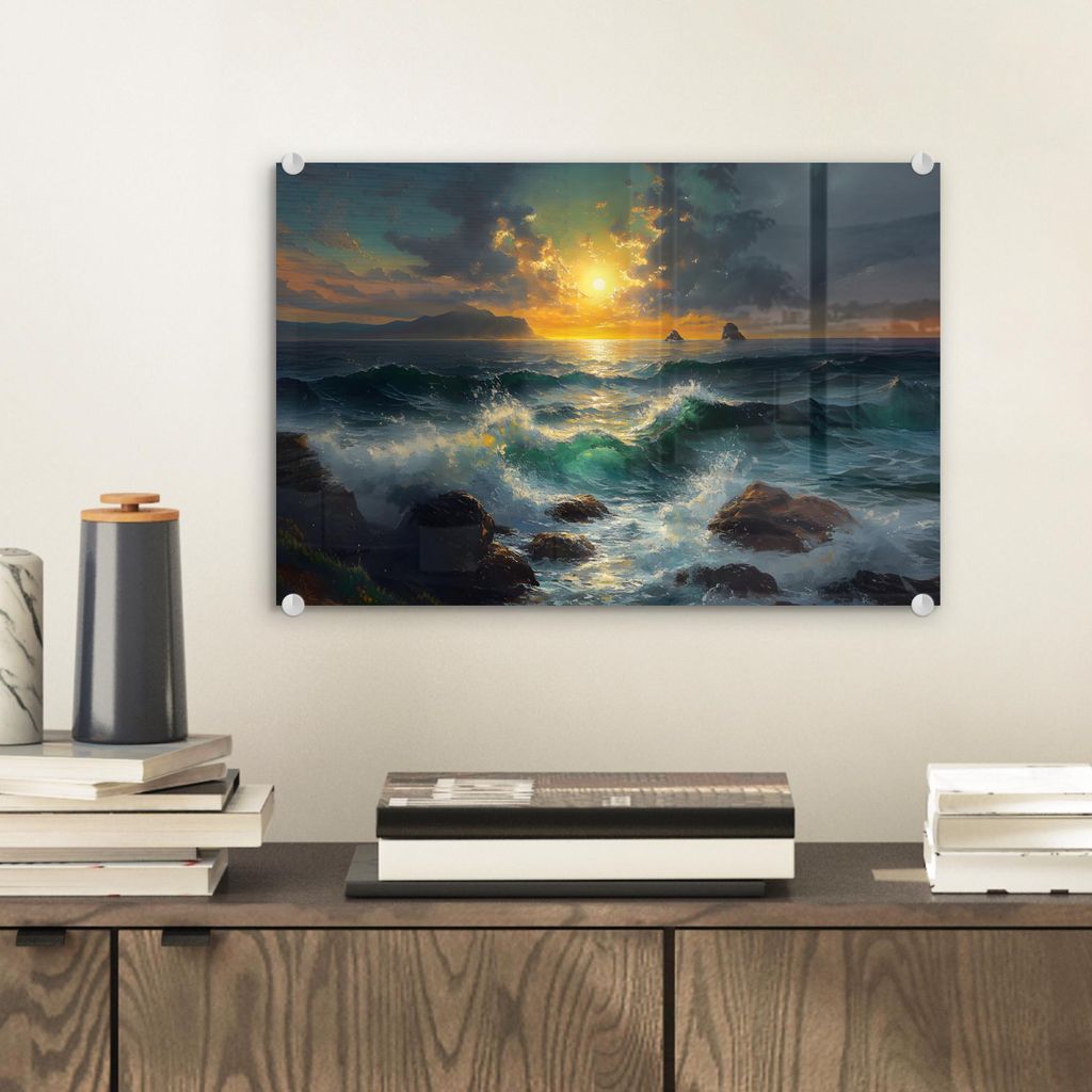MuchoWow Glasbilder - Bilder auf Wandbild - Foto auf Glas Meer - Sonne - Wellen - Felsen 30x20 cm Wanddekoration aus Glas - Acrylglasbild - Acrylbi...