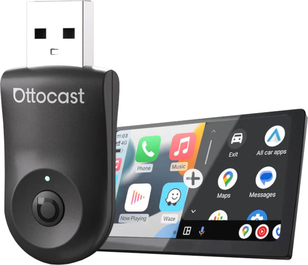 A black Ottocast wireless CarPlay/Android Auto adapter is shown next to a car infotainment screen displaying app icons.