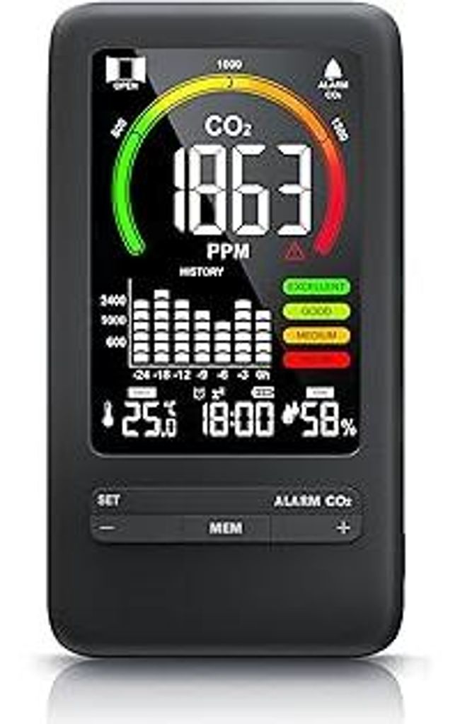 CSL - CO2 Melder - CO2 Messgerät mit Thermometer Hygrometer - Innenraum Luftqualität Messgerät Kohlendioxidmessung PPM - Akku 2000 mAh -– schwarz