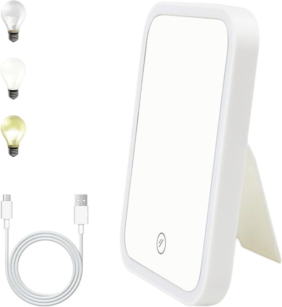 Super-HD-Spiegel, tragbarer LED-Spiegel, 3-Farben-Licht, USB-Anschluss, verstellbarer Ständer, Reise-Spiegel