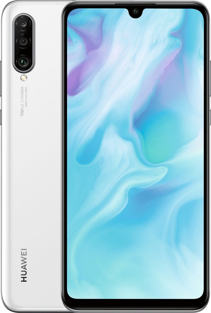 A white Huawei P30 Lite smartphone is shown from the back and front.
