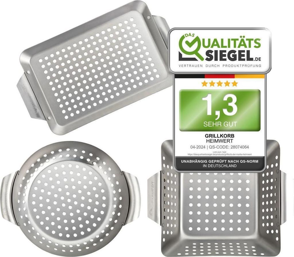 HEIMWERT Hochwertiges Premium Edelstahl Grillkorb 3er Set - Die hochrobusten und universell einsetzbaren Grillschalen - Das Original