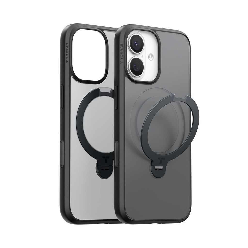 Two phone cases are shown side-by-side against a white background. The case on the right has a ring stand attached.