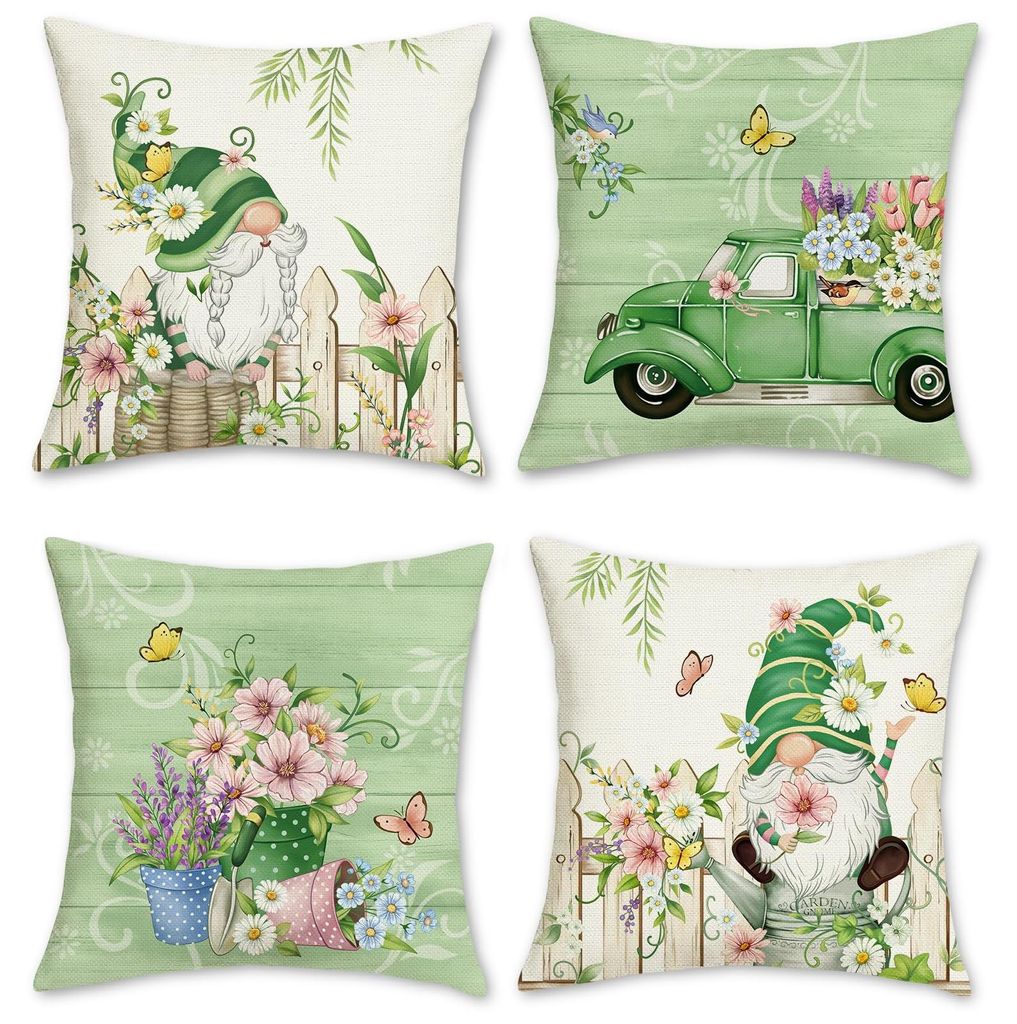 4er-Set Kissenbezüge mit floralem Zwergenmotiv, 45 x 45 cm, Frühlings-, Landhaus- und LKW-Stil, grün, dekorative Kissenbezüge für Sofa, Zuhaus...