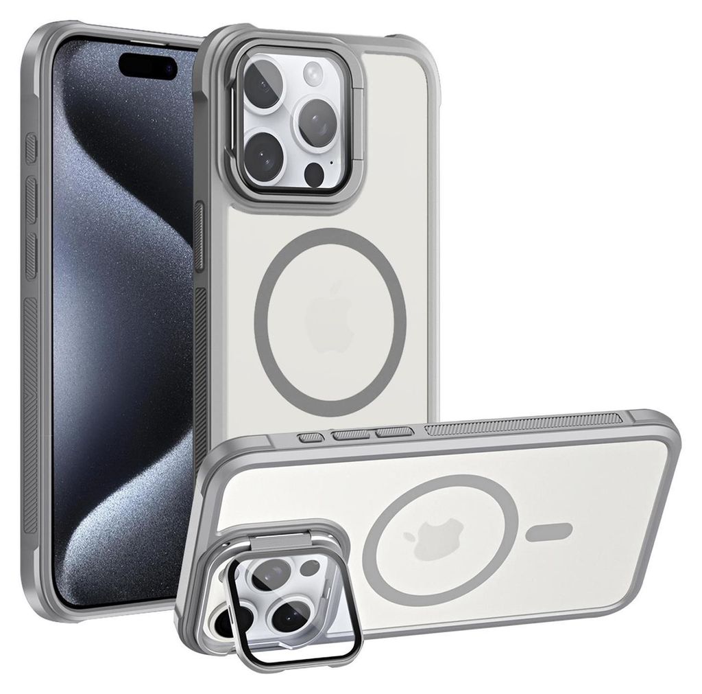 Conie MagSafe Schutzhülle für iPhone 15 Pro Max Hard Case Kunststoff Kamera Schutz Cover Hülle magnetisch mit Ständer in Grau