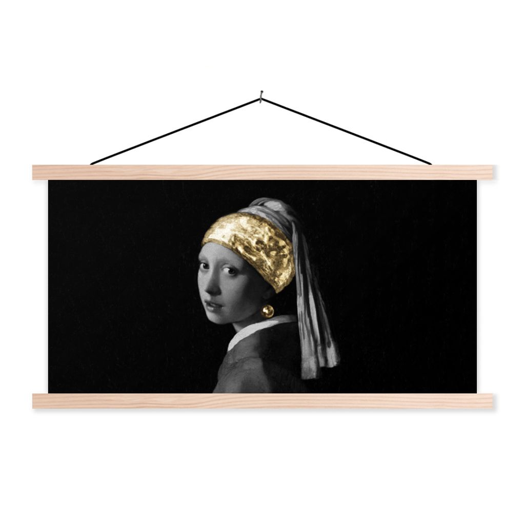 MuchoWow Textilposter Mädchen mit einem Perlenohrring - Gold - Vermeer 120x60 cm mit holzfarbenen Rahmen - Klemmleiste