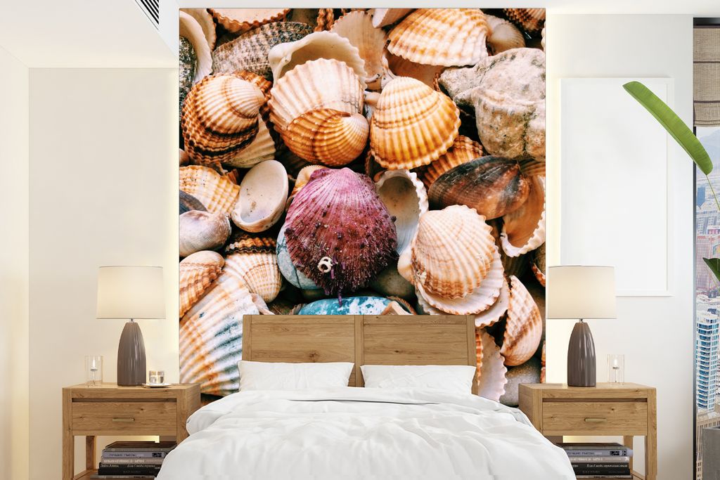 MuchoWow Fototapete für Wohnzimmer oder Schlafzimmer Wandtapete Vinyl Motivtapete Muscheln - Strand - Griechenland - 175x240 cm - Schlafzimmerta...